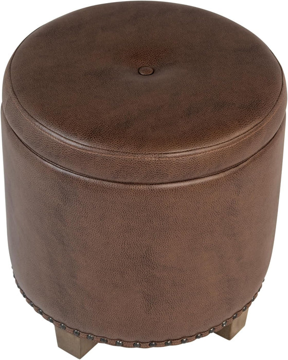 Home Decor | Upholstered round Storage Ottoman with Nailheads| Ottoman with Storage for Living Room & Bedroom, Brown Faux Leather