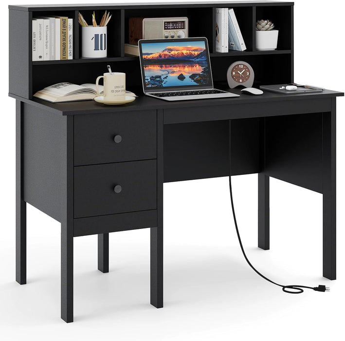 Black Desk with Drawers & Hutch, Home Office Desk with Charging Station, 5 Storage Cubbies, Makeup Vanity Table, Modern Study Writing Desk, PC Laptop Desks, Computer Workstation for Bedroom