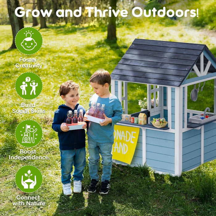 Wooden Playhouse, Outdoor Kids Playhouse with Sink, Stove, Cookware, Flowerpot Holders, Snack Bar, Cottage Play House for Backyard, Blue