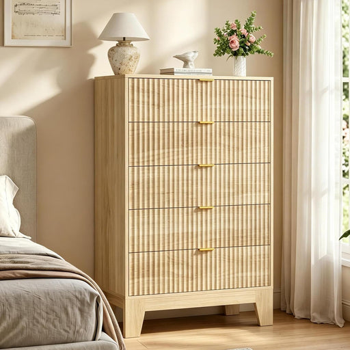 5 Drawer Dresser for Bedroom, 47" Tall Fluted Chest of Drawers with Metal Handle, Modern Wooden Dresser TV Stand, Clothes Storage Organizer Wood Closet for Hallway, Entryway, Natural Oak