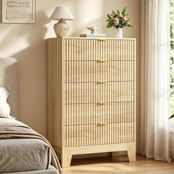 5 Drawer Dresser for Bedroom, 47" Tall Fluted Chest of Drawers with Metal Handle, Modern Wooden Dresser TV Stand, Clothes Storage Organizer Wood Closet for Hallway, Entryway, Natural Oak