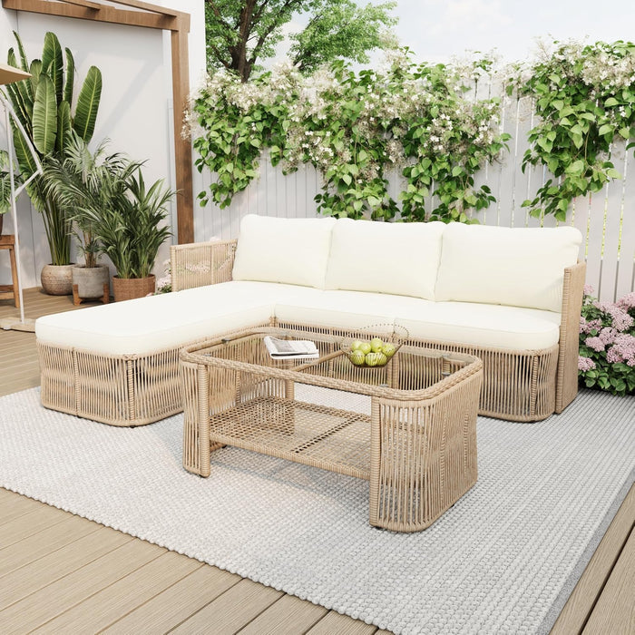 Outdoor Patio Furniture Set, PE Rattan Wicker Conversation Sofa Set with Iron Frame Cushions and Glass Top Coffee Table, Modular Backyard Balcony Seating Set, Dark Beige