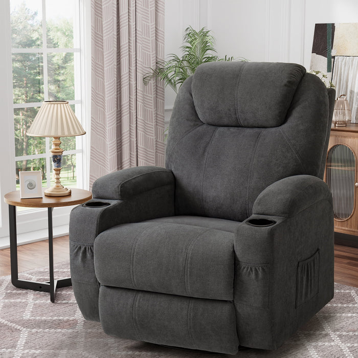 Recliner,Modern Fabric Rocking Chair with Massage,360 Degree Swivel Single Sofa Seat with Drink Holder