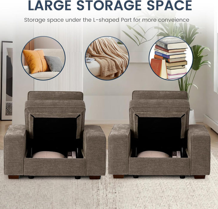 45" Accent Chair with Seat Storage, Oversized Single Sofa Chair, Modern Chenille Fabric Armchair for Living Room/Office with Wide Armrests, Side Pockets, Usb/Washable Covers(Brown)