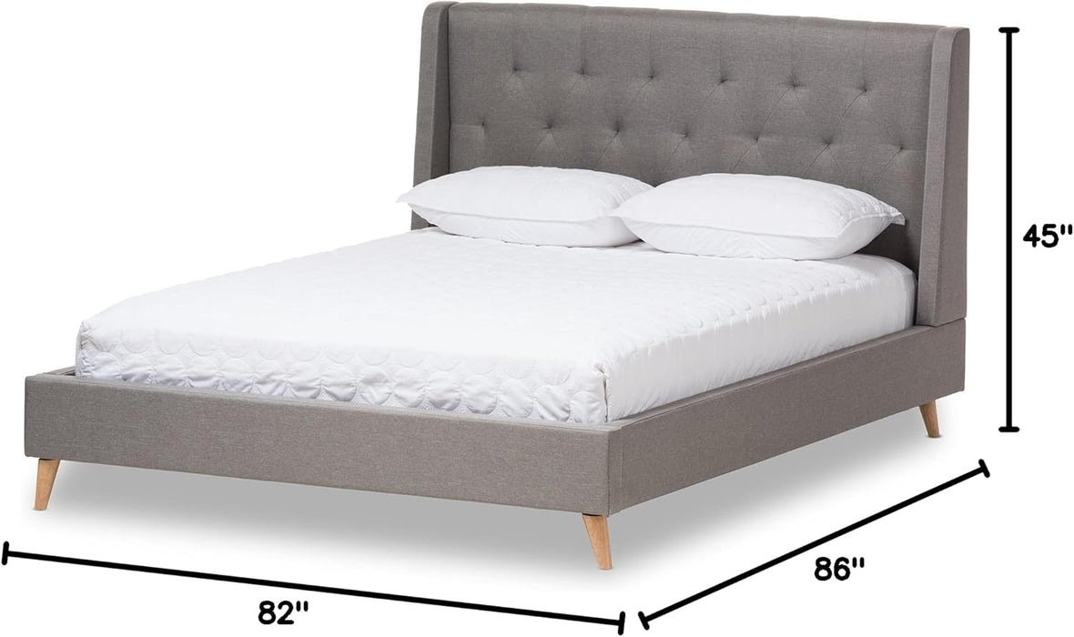 Adelaide Retro Modern Light Grey Fabric Upholstered King Size Platform Bed