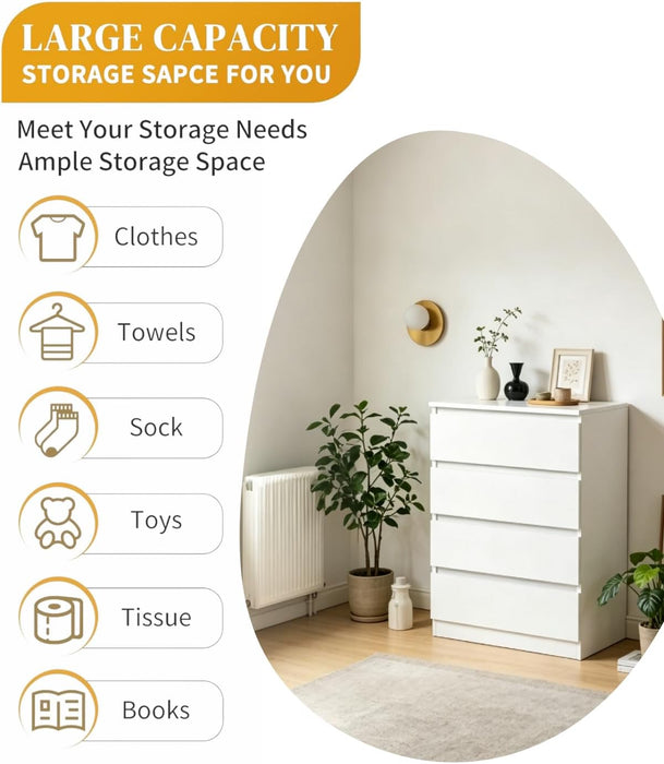 White 4 Drawer Dresser - Modern Chest of Drawers for Bedroom, Small Wood Dressers with Storage, Cut-Out Handles, Anti-Tipping, Living Room, Hallway, Entryway, Home Office