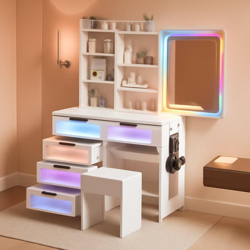 Vanity with LED Mirror, 6 Drawer Dresser with Charging Station for Bedroom, Small Makeup Vanitys Table with RGB Light, Vanity Set with Chair,Jewelry Organizer for Girls-White