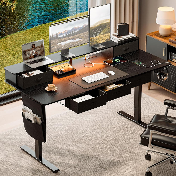71X32" Electric Standing Desk with 5 Drawers,Power Outlets,Led Light, Black