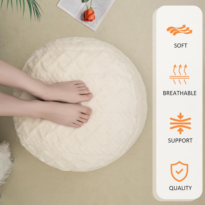 Beige round Faux Fur Ottoman Pouf - 20X15 Inch Storage Foot Stool Cushion for Living Room & Bedroom Decor