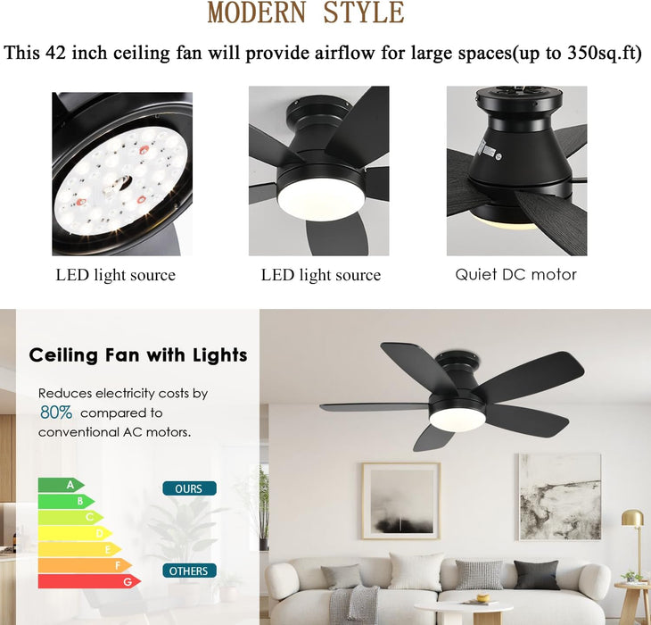 42Inch Ceiling Fans with Lights, Low Profile Ceiling Fan with Light and Remote Control, Flush Mount, Reversible DC Motor, Dimmable, Quiet, Black Small Ceiling Fan for Bedroom Indoor/Outdoor Use