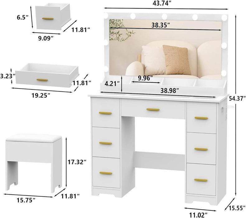 44" Vanity Desk with 38" Large Mirror and 9 LED Lights & Glass Top and Power Outlet, Makeup Vanity Set with 7 Drawers & Chair and RGB Ambient Light, Dressing Table for Bedroom, Modern White