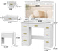 44" Vanity Desk with 38" Large Mirror and 9 LED Lights & Glass Top and Power Outlet, Makeup Vanity Set with 7 Drawers & Chair and RGB Ambient Light, Dressing Table for Bedroom, Modern White