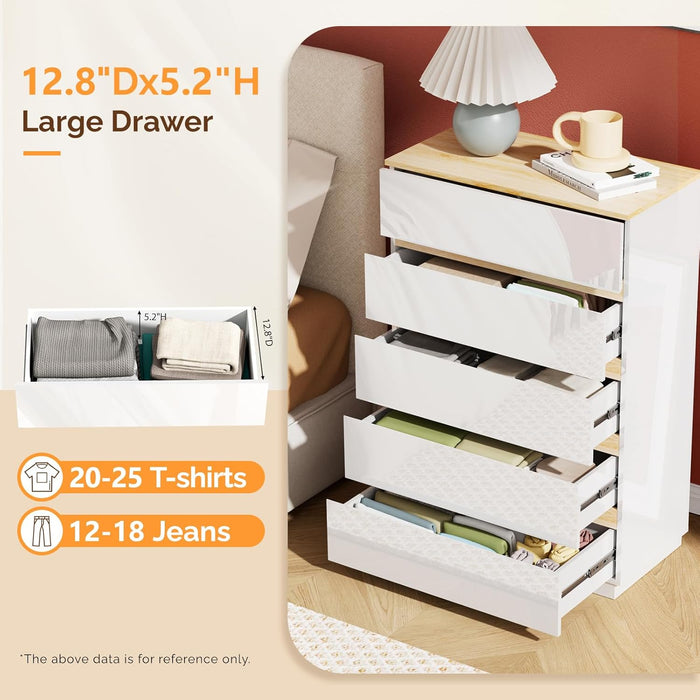 5 Drawer Dresser for Bedroom, 45" H Tall Dresser Chest of Drawers, High Gloss Wood Modern Storage Cabinet with Brown Top