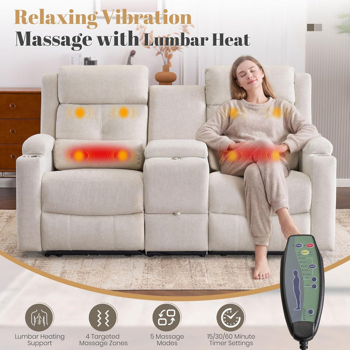 Cat-Proof Power Reclining Loveseat with Console & Drawer Storage, Loveseat Recliner with Tray Table, Electric Reclining Sofa with Heat & Massage, Extra Lumbar Pillow for Livingroom (Beige)