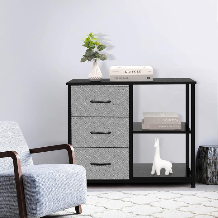 Rustic Brown Fabric Dresser, 4 Drawer Organizer Unit with 2 Shelves, Storage Chest for Bedroom, Entryway, Hallway, Living Room, Office, Grey with Black