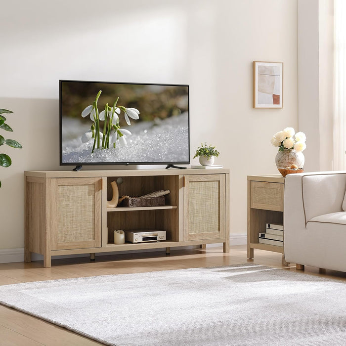 Rattan TV Stand for Living Room - 26" Tall TV Console Cabinet with Storage and Adjustable Shelf, Boho Entertainment Center, 59" Media Console for 50, 55, 65 Inch TV, Light Oak