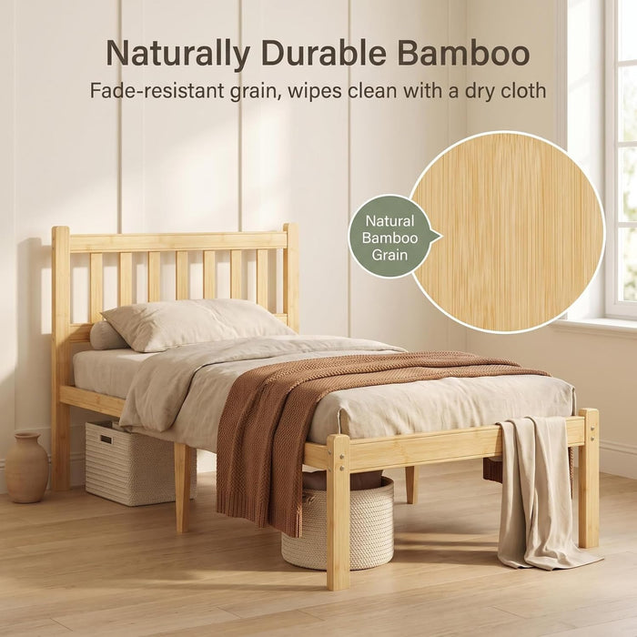 Wood Twin Bed Frame with Headboard, 18 Inch High Solid Bamboo Platform Bed No Box Spring Needed, Modern Minimalist Heavy Duty Bedframe, Easy Assembly, Noise Free
