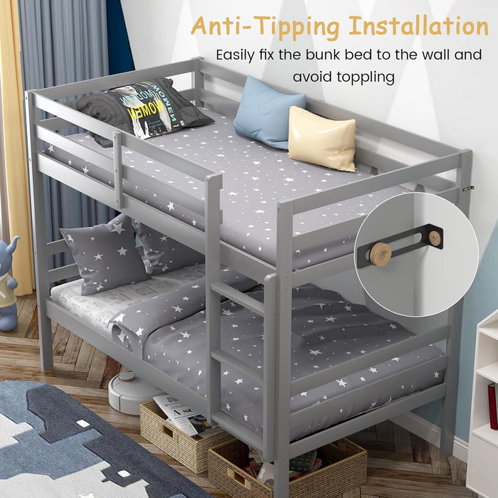 Bunk Bed Twin over Twin, Solid Wood Bunk Bed with Sturdy Ladder & 12 Inch Safety Guard Rails, Twin Size Wood Bed Frame for Dormitory, No Box Spring Needed, Bunk Beds for Kids Teens,Grey