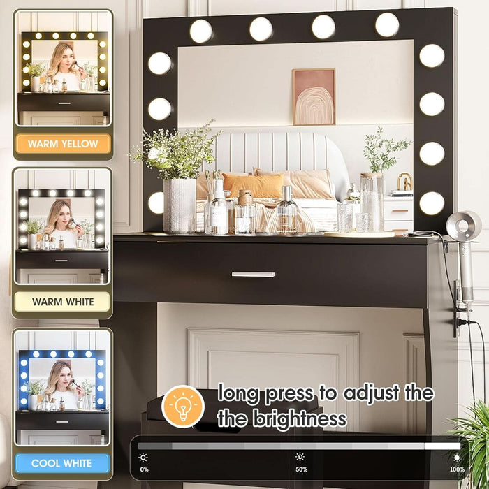 Vanity Table Set with 12 Light Bulbs, Makeup Dressing Table with Big Drawer & Mirror, Dresser Desk for Bedroom, Living Room Black