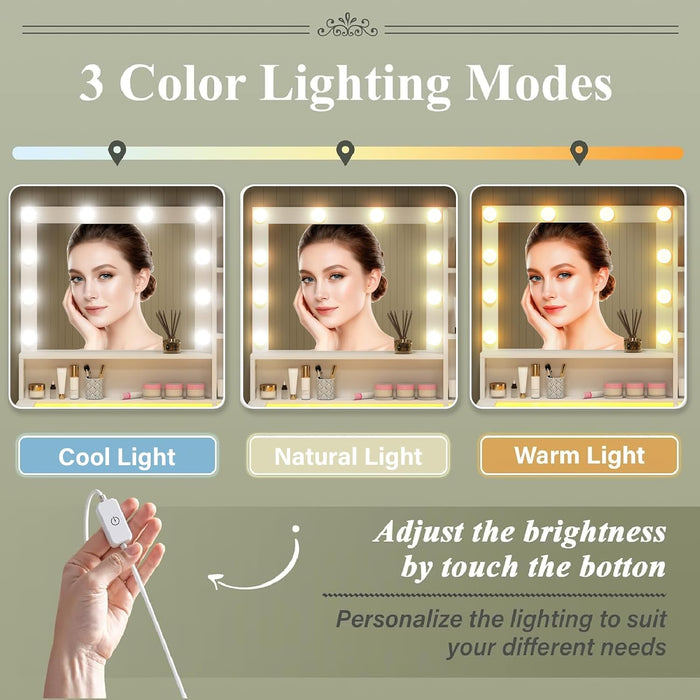 White Vanity Desk with Mirror & RGB Lights - Adjustable Brightness, Glass Top, Built-In Power Outlet, Multi-Storage Makeup Dressing Table for Bedroom