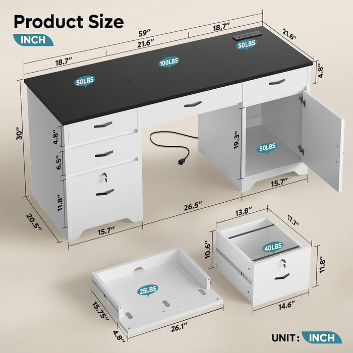 59” Office Desk with Lockable Drawers, Modern Computer Desk with File Drawer, Charging Station & Drop-Front Keyboard Drawer, Executive Desk with Storage Cabinet for Home Office & Studio, White