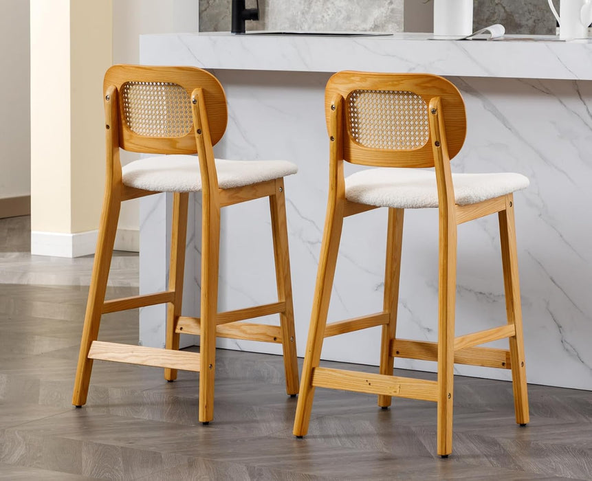 Counter Height Bar Stools Set of 2 Rattan Back Farmhouse Barstools Mid Century Modern Wood Bar Chairs Comfortable Sherpa Upholstered Kitchen Island Chairs for Pub/Breakfast, Beige
