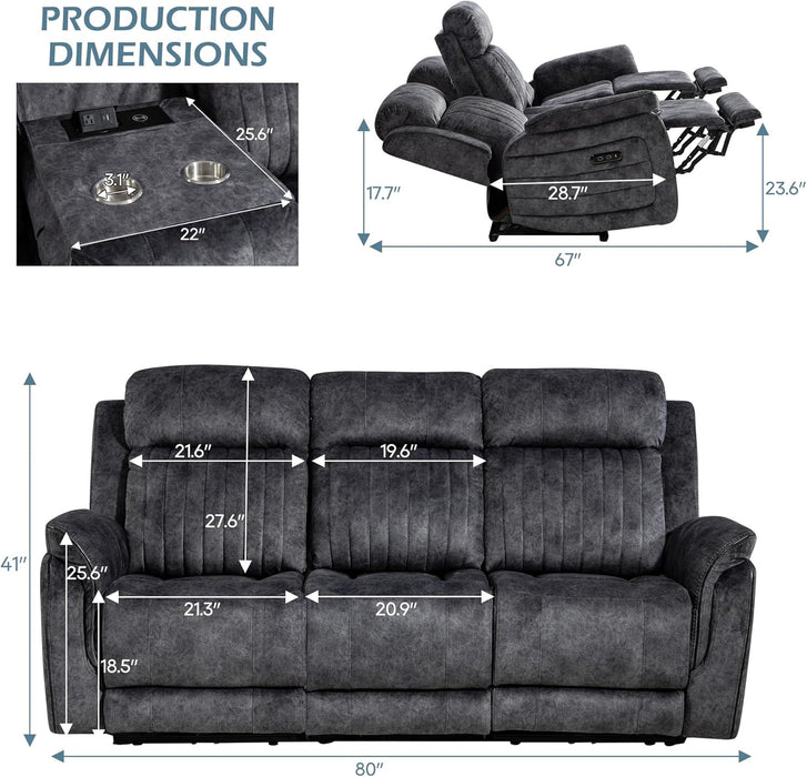 Zero Gravity Power Reclining Sofa with Adjustable Headrest, Electric Reclining Couch with Wireless Charge, USB Ports, Power Recliner Sofa 3-Seater with Drop down Table,Cup Holder,Outlet (Grey)