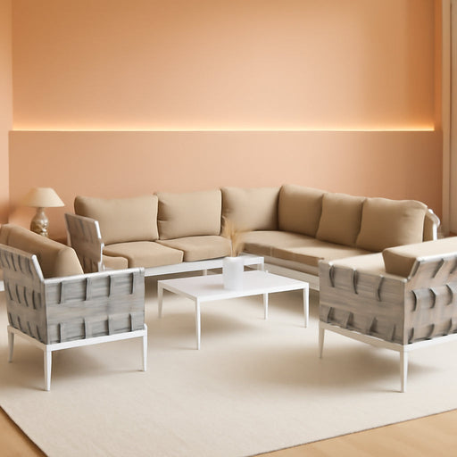 Harmony 8-Piece Aluminum Outdoor Patio Furniture Sectional Sofa Set with Cushions in White Beige