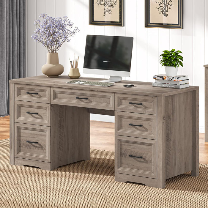 Farmhouse Executive Desk with File Drawer, Home Office Desk with Ample Storage, Rustic Office Desk with Spacious Tabletop for Work, Grey