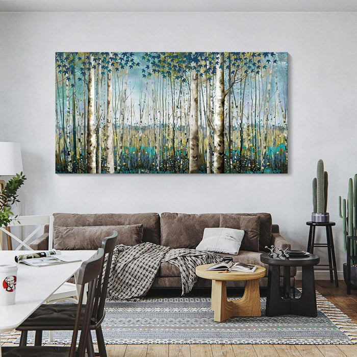 Large Framed Birch Tree Canvas Wall Art Nature Painting for Home Decor | Teal Artwork for Living Room, Bedroom, and Office Pictures for Living Room 24×48IN