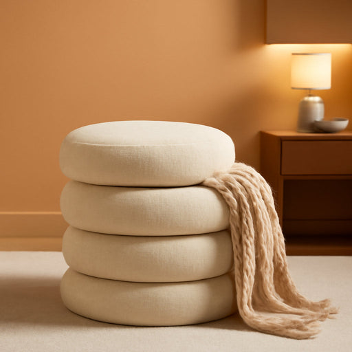 round Storage Ottoman, 20" Small Ottomans Table with Removable Lid, Linen Fabric Soft Footrest Stools for Couch, Upholstered Stuffed Circle Seat for Living Room/Bedroom/Dorm/Vanity, Beige