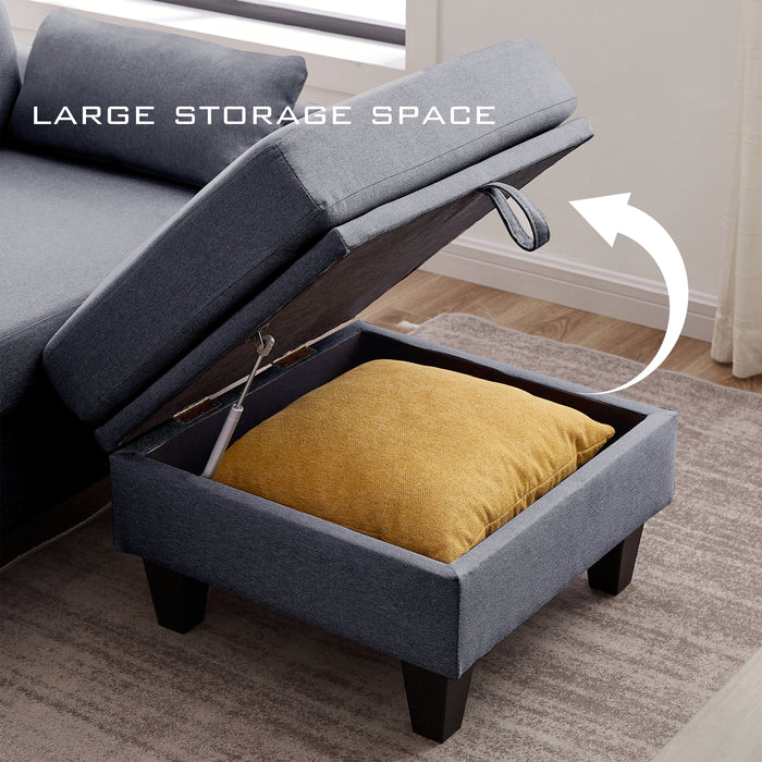 Convertible Sectional Sofa with Reversible Storage Ottoman and Side Storage Pocket,L-Shaped 4-Seat Couch for Living Room Office Apartment