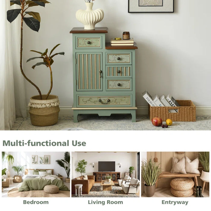 Fienley Farmhouse 1-Door Carved Wood Accent Chest with 5-Drawers, Sage Green Cabinet,Rustic Brown Top