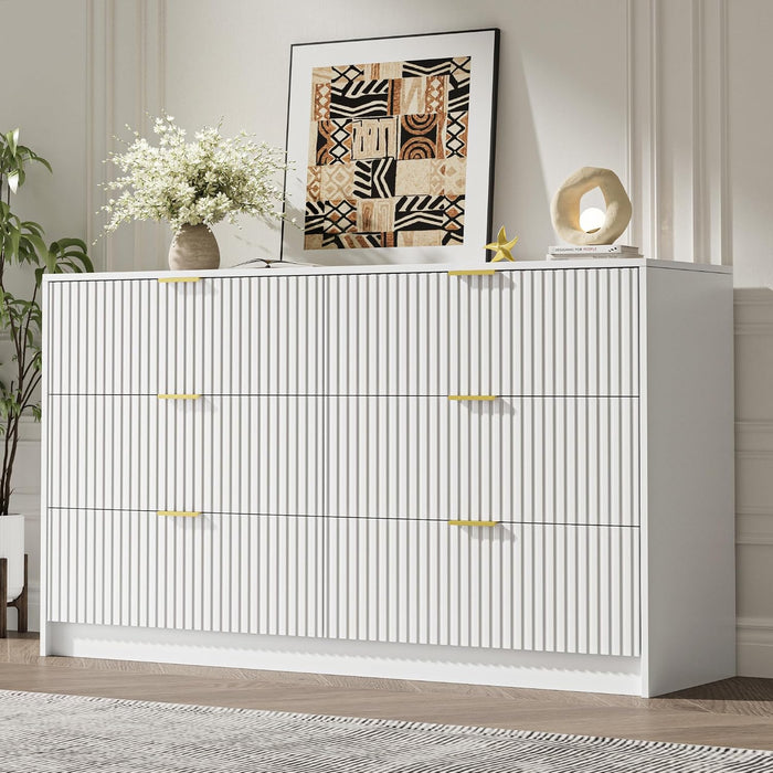 55" Wide Fluted 6-Drawer Double Dresser for Bedroom, White