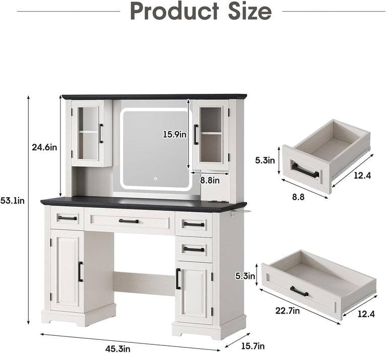 Farmhouse Vanity Desk with Mirror and Lights, Makeup Vanity Table with Charging Station, 45" Bedroom Table with 4 Drawers and Cabinets, 3 Lighting Modes, White