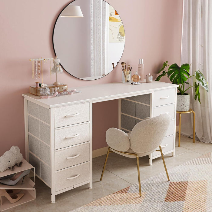 47 Inch Vanity Desk with 8 Drawers, White Desk, Makeup Desk with Large Storage, Fabric Drawers, Wooden Desktop, Computer Desk Work Desk, for Home Office, Bedroom
