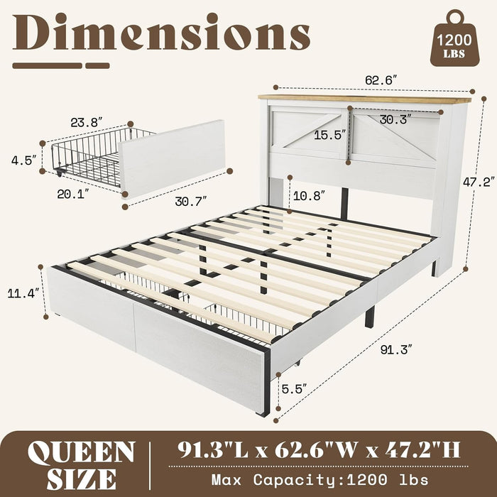 Queen Bed Frame with Hidden Sliding Bookcase Headboard, Charging Station, 2 Large Storage Drawers, Metal & Wood Platform, Farmhouse, No Box Spring Needed, White & Barnwood