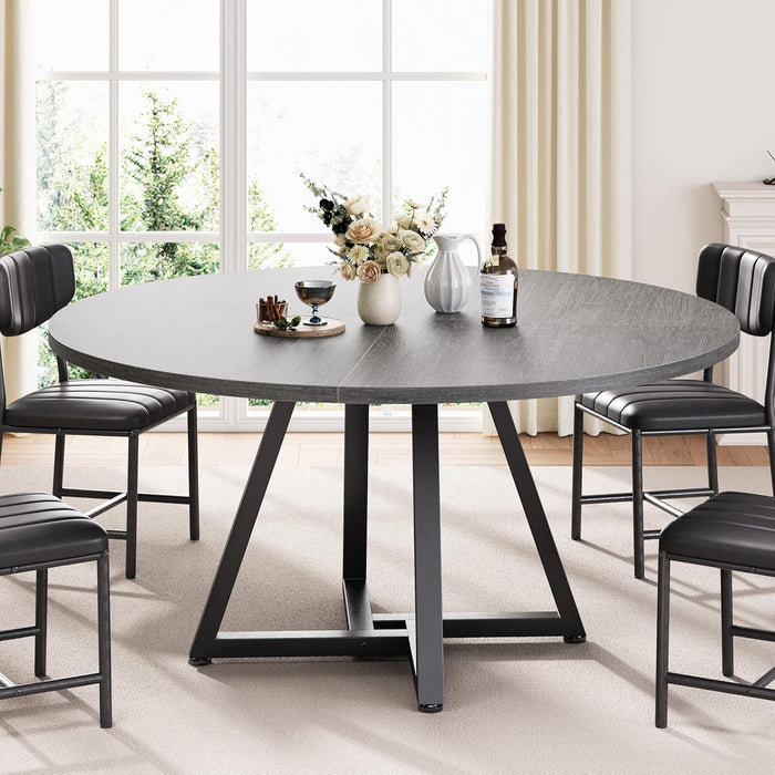Round Kitchen Dining Room Table Circle Dining Dinner Table with Pedestal Metal Frame, Space Saving Wood Industrial Furniture for Small Space (Grey, 47IN)