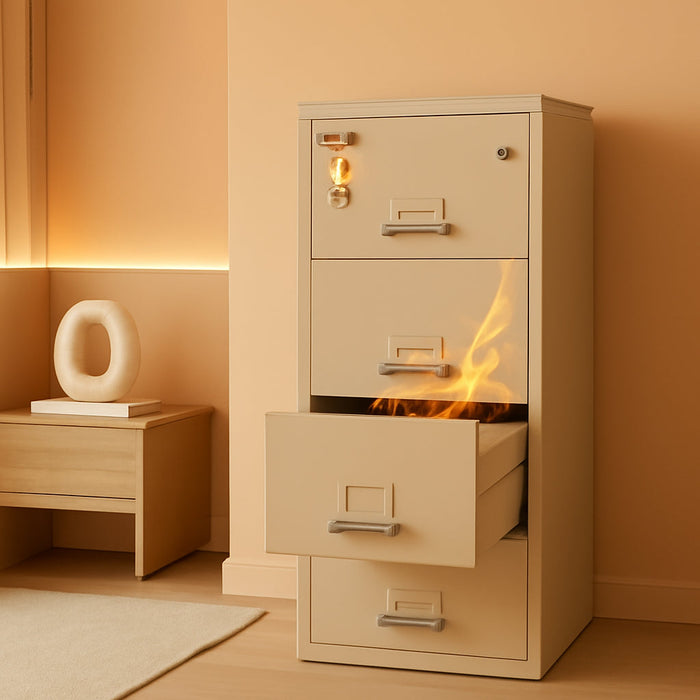 Vertical 4 Drawer Legal Fire Safe File Cabinet with Key Lock, 1 Hour Fire Rated, UL Rated & Water Resistant Home Safe, Made in the USA, Parchment