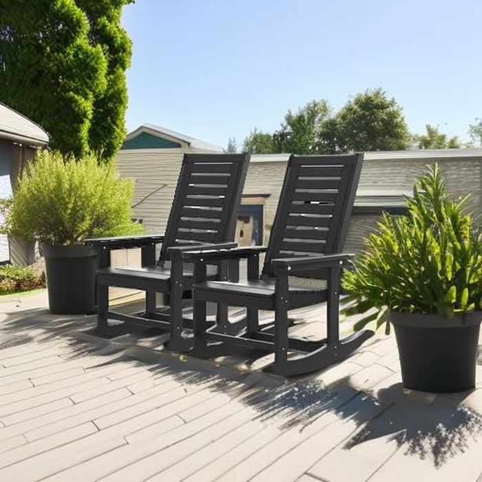 Outdoor Rocking Chairs | Set of 2 | Porch Rocker | HDPE Plastic | Black | Oversized Rockers | High Back | Big & Tall | Ladder Back | for Patio outside Backyard Balcony Garden