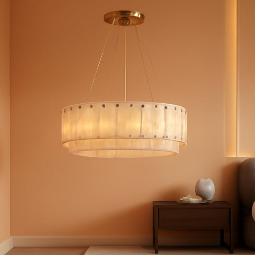 D23In Alabaster round Chandelier, Modern Marble Dining Room Chandeliers, 2 Tiers Brass Drum Pendant Light Fixtures, Gold Ceiling Light Chandelier for Living Room, Bedroom Lights, Foyer, Kitchen