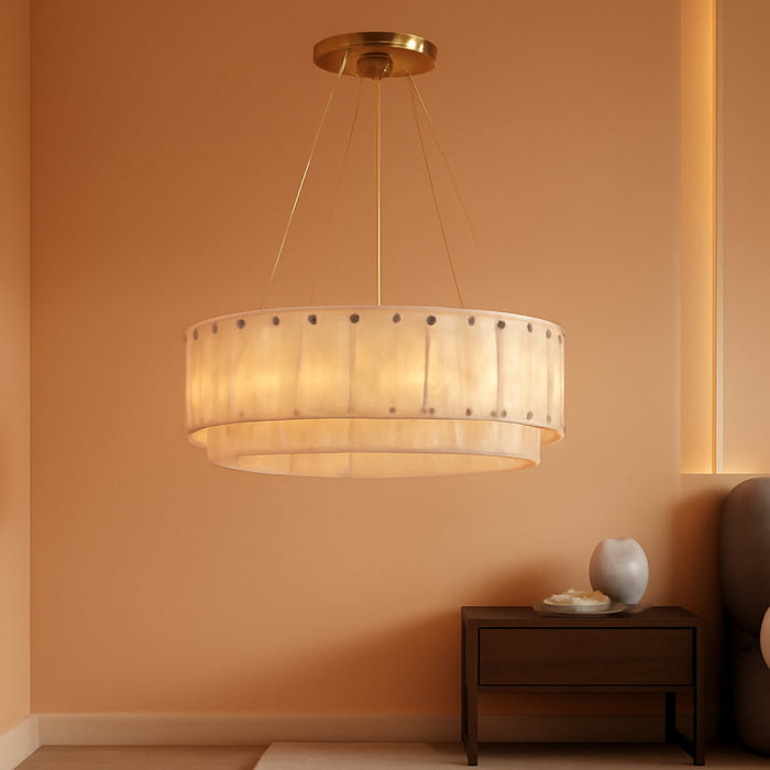 D23In Alabaster round Chandelier, Modern Marble Dining Room Chandeliers, 2 Tiers Brass Drum Pendant Light Fixtures, Gold Ceiling Light Chandelier for Living Room, Bedroom Lights, Foyer, Kitchen
