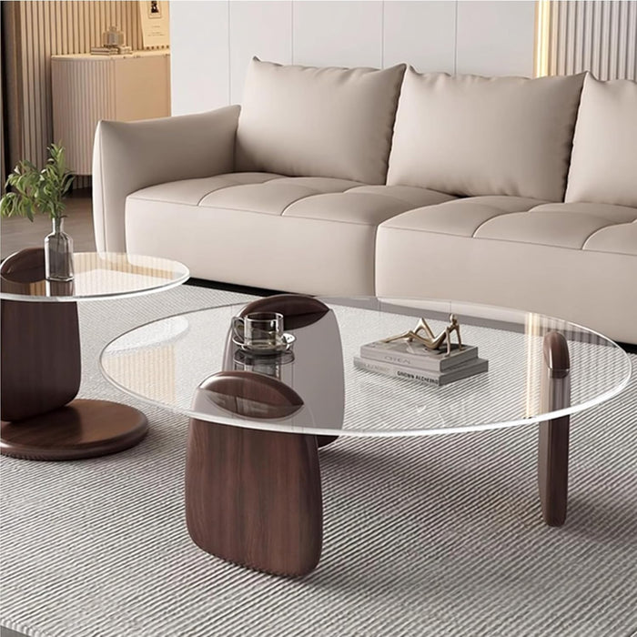 Modern round Coffee Table with Glass Top, 32.68" D X 22.44" W X 15.75" H, Circular Tea Tables for Living Room Home Office Industrial Cocktail Tables (Walunt-Clear Glass/35.43")