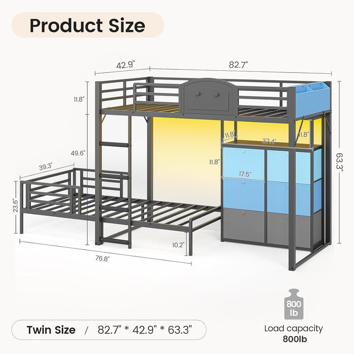 Bunk Bed Twin over Twin with 6 Storage Drawers for Kids Teens,Metal Led Loft Bed with Bedside Storage,Safety Guardrails for Small Space, No Box Spring Needed, Grey