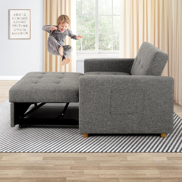 Sleeper Sofa Bed, 3-In-1 Convertible Sofa Chair, Linen Fabric Pull Out Couch Bed, Loveseat Sleeper with Spring Support, Adjustable Backrest, 2 Seater Recliner Chair for Small Space, Dark Grey