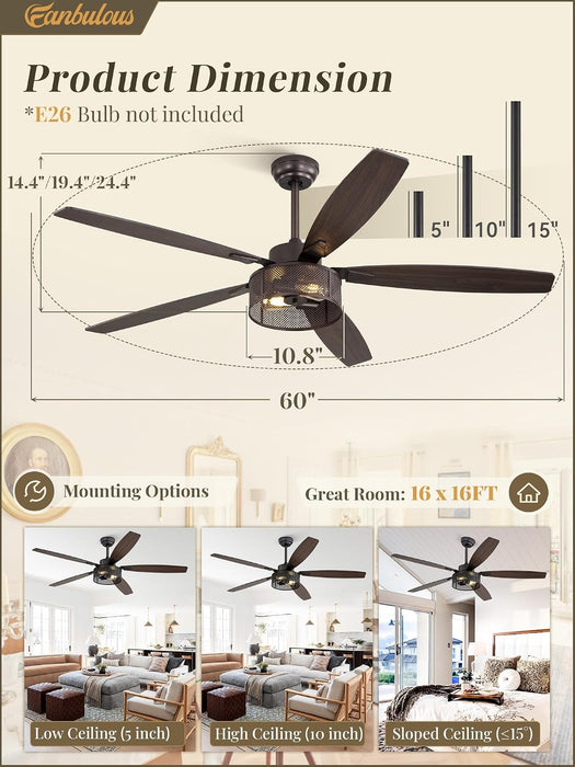 Industrial Farmhouse Caged Ceiling Fan Includes Remote