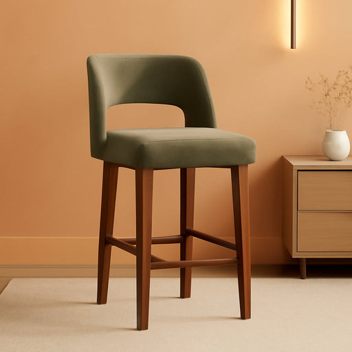 26 Inch Green Linen Bar Stool Set of 2 with Wooden Legs | Linen Fabric, Wood Legs, Ergonomic Barstools with Backrest , for Kitchen Island, Dining Room, Bar