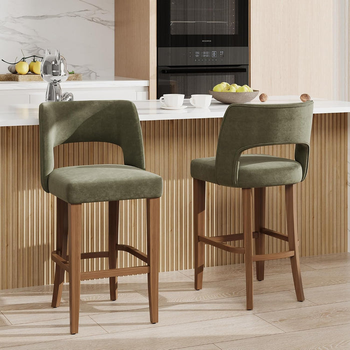 26 Inch Green Linen Bar Stool Set of 2 with Wooden Legs | Linen Fabric, Wood Legs, Ergonomic Barstools with Backrest , for Kitchen Island, Dining Room, Bar