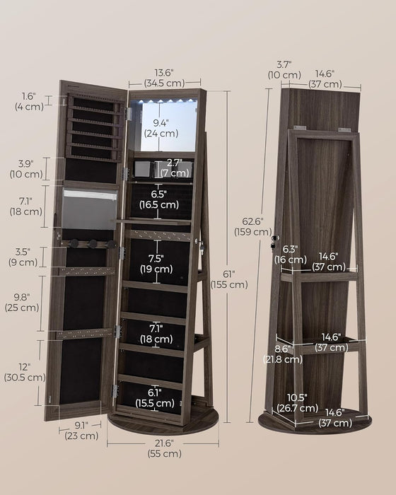 LED Mirror Jewelry Cabinet Standing, Lockable Jewelry Armoire with Full-Length Mirror and Adjustable LED Lights, Space-Saving Jewelry Organizer with Mirror, Gift Idea, Ash Brown UJJC008K02