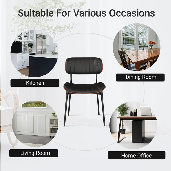 Mid Century Modern Dining Chairs Set of 2,Upholstered Faux Leather Kitchen Chairs with Walnut Bentwood Back and Metal Legs for Kitchen Dining Room Living Room, Black